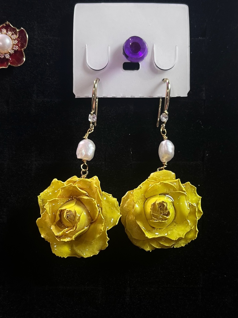 Yellow Rose Drop Earrings with Pearl Accent - Women Jewelry